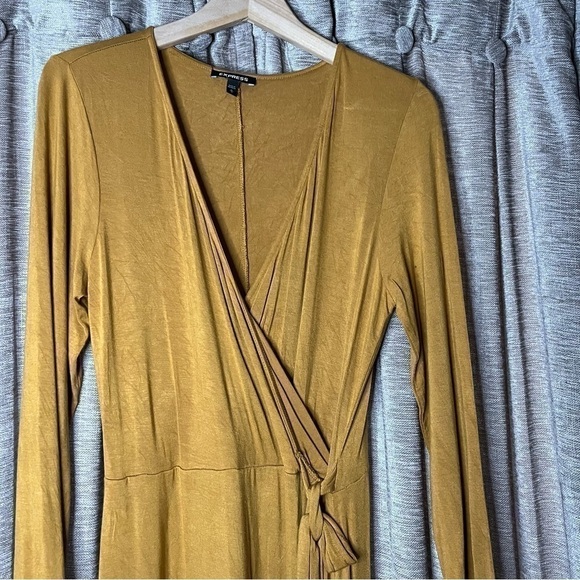 Express Mustard Yellow Long Sleeve Faux Wrap Dress Size Medium - Picture 7 of 16